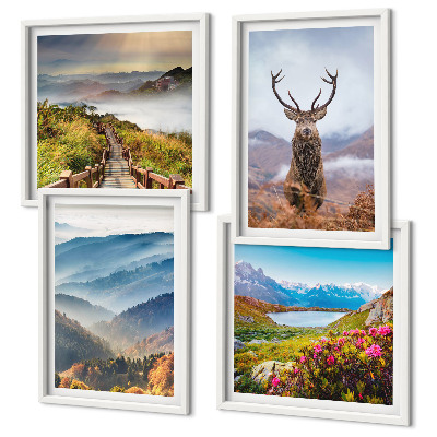 Set of 4 wall art pieces Mountain landscape lake deer