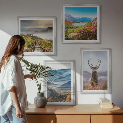 Set of 4 wall art pieces featuring a mountain landscape with a lake and deer