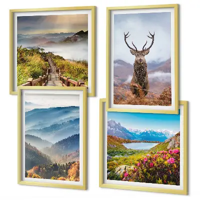Set of 4 wall art pieces featuring a mountain landscape with a lake and deer