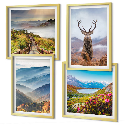 Set of 4 wall art pieces Mountain landscape lake deer