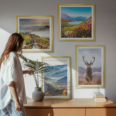 Set of 4 wall art pieces Mountain landscape lake deer
