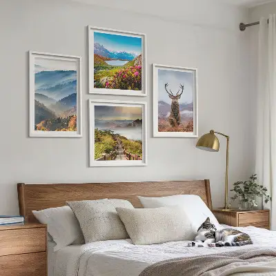 Set of 4 wall art pieces featuring a mountain landscape with a lake and deer