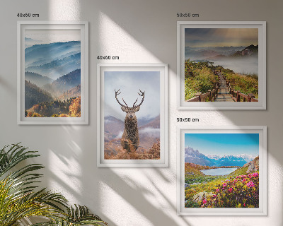 Set of 4 wall art pieces Mountain landscape lake deer