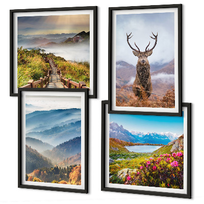 Set of 4 wall art pieces Mountain landscape lake deer