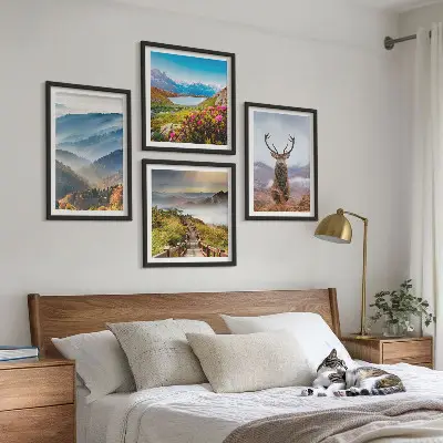 Set of 4 wall art pieces featuring a mountain landscape with a lake and deer