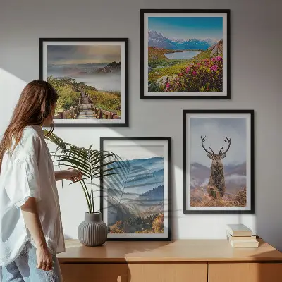 Set of 4 wall art pieces featuring a mountain landscape with a lake and deer