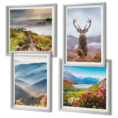 Set of 4 wall art pieces featuring a mountain landscape with a lake and deer