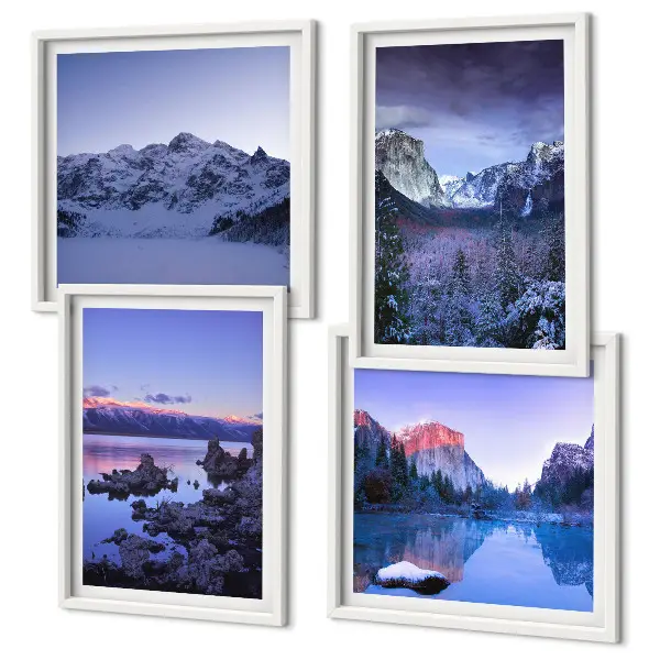 Multi-piece mountain landscape wall art set featuring a sunset over water