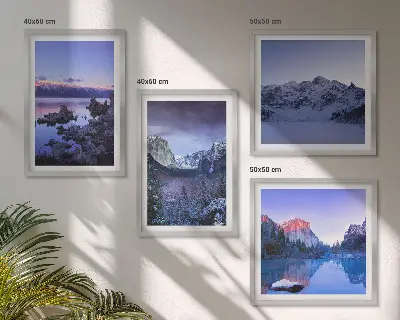 Multi-piece mountain landscape wall art set featuring a sunset over water