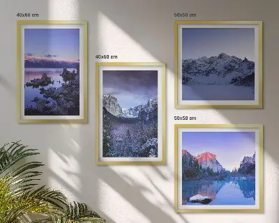Multi-piece mountain landscape wall art set featuring a sunset over water