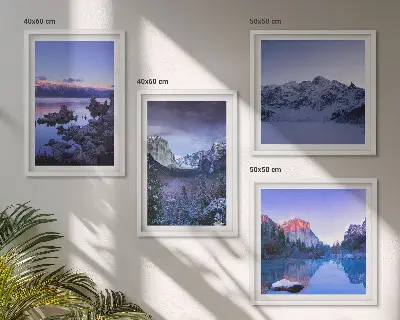 Multi-piece mountain landscape wall art set featuring a sunset over water