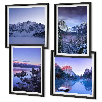 Multi-piece mountain landscape wall art set featuring a sunset over water