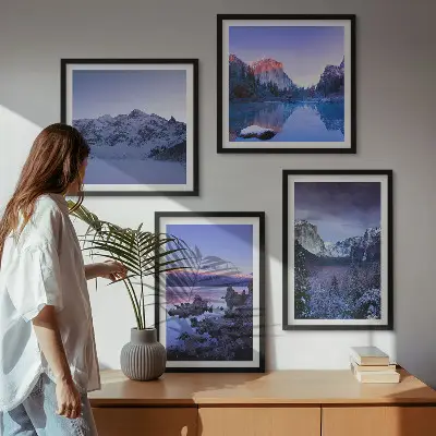 Multi-piece mountain landscape wall art set featuring a sunset over water