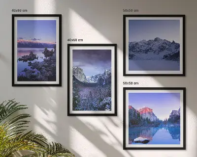 Multi-piece mountain landscape wall art set featuring a sunset over water