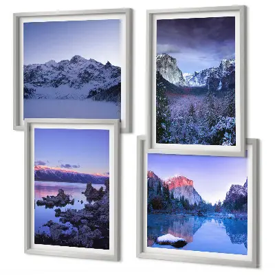 Multi-piece mountain landscape wall art set featuring a sunset over water