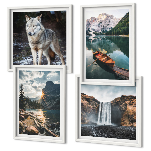 Set of 4 wall art pieces Mountains lakes waterfall wolf