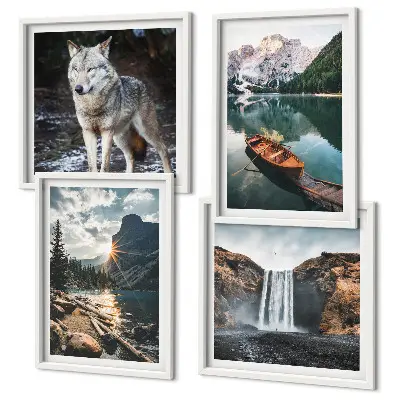Set of 4 wall art pieces featuring mountains, lakes, waterfalls, and wolves