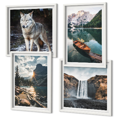 Set of 4 wall art pieces Mountains lakes waterfall wolf