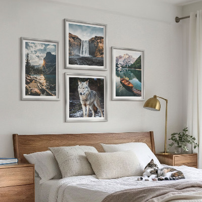 Set of 4 wall art pieces Mountains lakes waterfall wolf