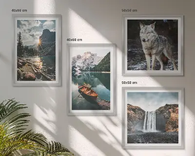 Set of 4 wall art pieces featuring mountains, lakes, waterfalls, and wolves