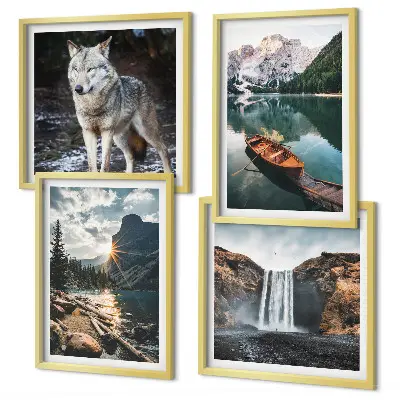 Set of 4 wall art pieces featuring mountains, lakes, waterfalls, and wolves