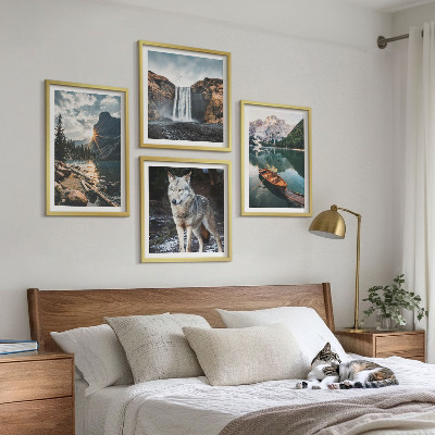 Set of 4 wall art pieces Mountains lakes waterfall wolf