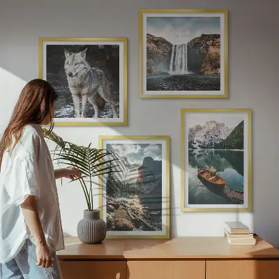 Set of 4 wall art pieces featuring mountains, lakes, waterfalls, and wolves