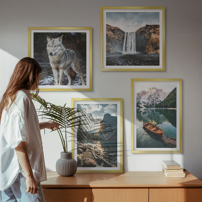 Set of 4 wall art pieces Mountains lakes waterfall wolf