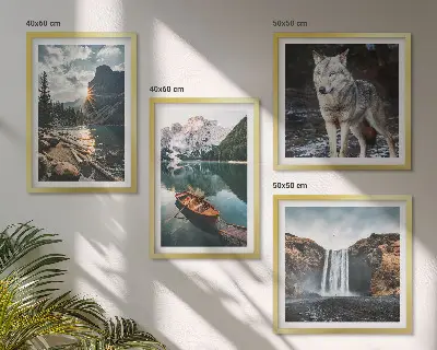 Set of 4 wall art pieces featuring mountains, lakes, waterfalls, and wolves
