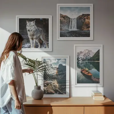 Set of 4 wall art pieces featuring mountains, lakes, waterfalls, and wolves