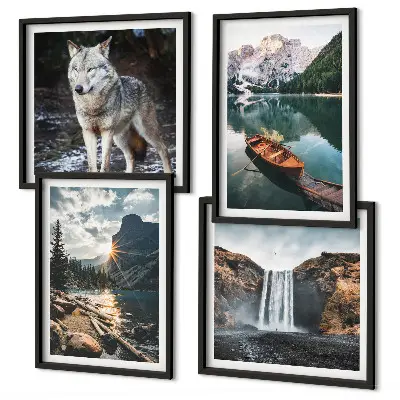 Set of 4 wall art pieces featuring mountains, lakes, waterfalls, and wolves