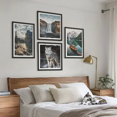 Set of 4 wall art pieces featuring mountains, lakes, waterfalls, and wolves