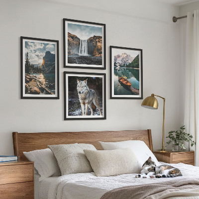 Set of 4 wall art pieces Mountains lakes waterfall wolf
