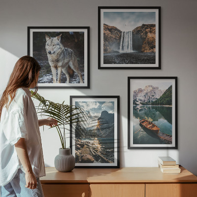 Set of 4 wall art pieces Mountains lakes waterfall wolf