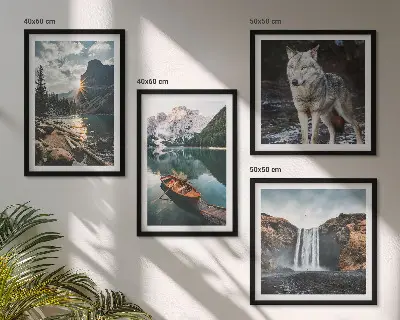 Set of 4 wall art pieces featuring mountains, lakes, waterfalls, and wolves