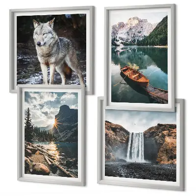 Set of 4 wall art pieces featuring mountains, lakes, waterfalls, and wolves