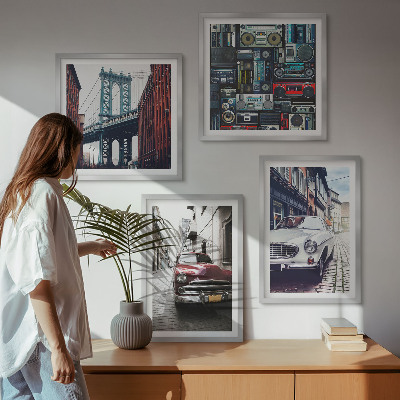 Set of 4 wall art pieces Old cars Brooklyn retro audio