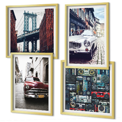 Set of 4 wall art pieces Old cars Brooklyn retro audio