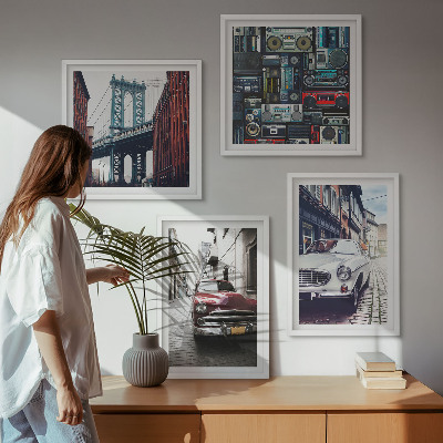 Set of 4 wall art pieces Old cars Brooklyn retro audio