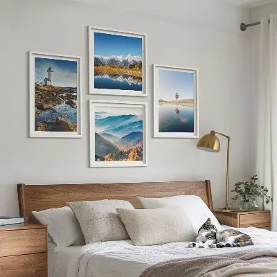 Multi-piece wall decor set featuring views of nature including a lighthouse and mountains