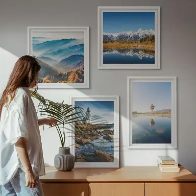 Multi-piece wall decor set featuring views of nature including a lighthouse and mountains