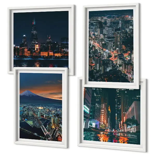 Set of 4 wall art pieces cityscape mountain view at night