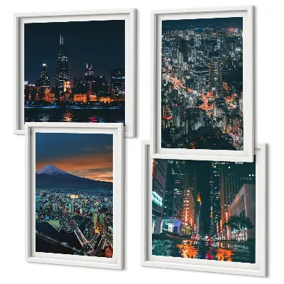 Set of 4 wall art pieces cityscape mountain view at night