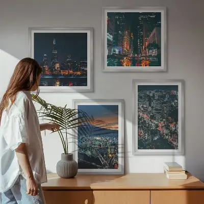 Set of 4 wall art pieces cityscape mountain view at night