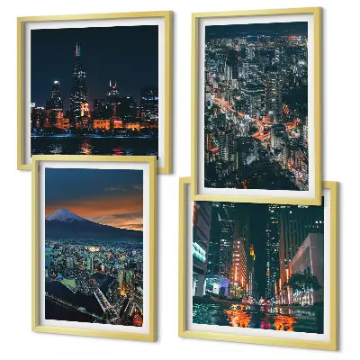 Set of 4 wall art pieces cityscape mountain view at night