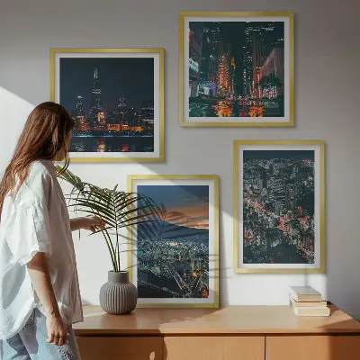 Set of 4 wall art pieces cityscape mountain view at night