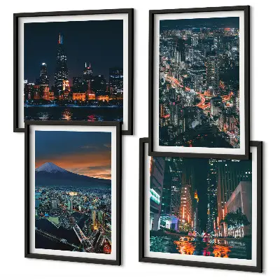 Set of 4 wall art pieces cityscape mountain view at night