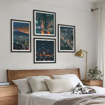 Set of 4 wall art pieces cityscape mountain view at night