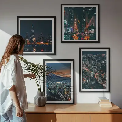 Set of 4 wall art pieces cityscape mountain view at night