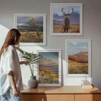 Multi-piece wall decor set featuring mountain landscapes with deer and grass